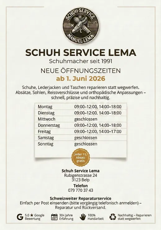 Vorschau der Infobroschüre von Schuh Service Lema mit den neuen Öffnungszeiten ab 1. Juni 2026